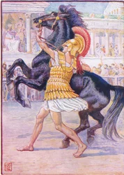 He ran towards the horse and seized the bridle, illustration from The Story of Greece