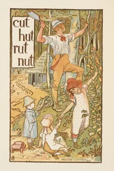 Rhyming words ending in the letter T. An illustration, showing a man cutting a tree. Three children are with him. The Golden primer