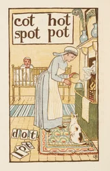 Rhyming Words Ending in the Letter T. An Illustration, Showing a Nurse Boiling a Pot for a Sick Child. The Golden Primer