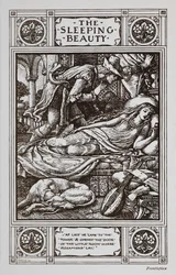 Sleeping Beauty Lies Asleep Surrounded by a Sleeping Dog and a Musical Instrument While Prince Charming Watches Over Her.