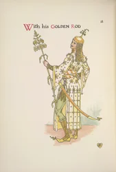 With his golden rod. A man holding a long stemmed plant