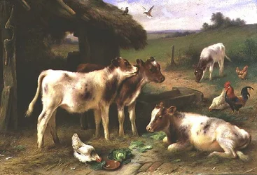 Calves and Poultry by a Barn in a Landscape