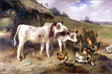 Calves and Poultry Outside a Barn