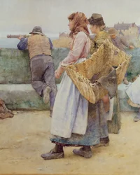 In a Cornish Fishing Village: Departure of the Fleet for the North, Detail of Two Fishwives (detail)
