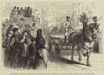 The George Stephenson Centenary at Newcastle-on-Tyne, Procession of Draught Horses, Waggons, etc