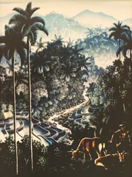 River landscape with herdsman and cows