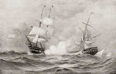 The combat between USS Constitution and HMS Guerriere, during The War of 1812