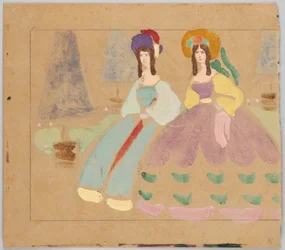 Two ladies in hoop skirts before pruned trees in pots (see GMS 263) (GMS 620 is the left half)