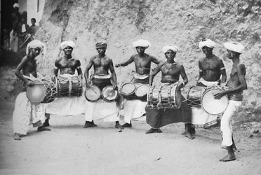 Devil-dancers of Guida with their drums, 1902
