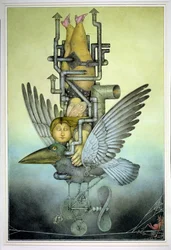 Balancing Girl on Mechanical Bird on Tightrope