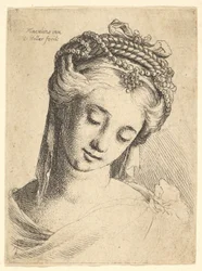 Bust of a Young Woman with Elaborate Headdress, Looking Down