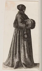 Woman Dressed in Black with a Mask, Bonnet, and Muff