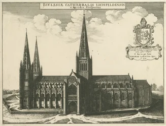 Lichfield Cathedral - South View: engraving, 1672