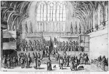 Westminster Hall, West End, with the Courts of Chancery and Kings in Session