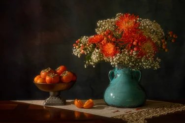 Autumn Flowers And Persimmons