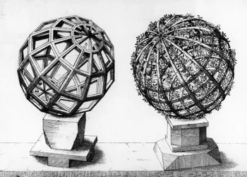 Perspective Illustration, Two Spheres, Engraving from Perspectiva Corporum Regularium, by Wentzel Jamnitzer