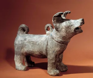 Chinese art: molosse with harness. Terracotta funeral statuette from the Han Period (206 BC-220 AD). Musee Cernuschi, Paris