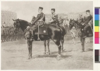 Emperor Franz Joseph I and czar Nikolaus II at the parade on the Champ-de-Mars in St. Petersburg