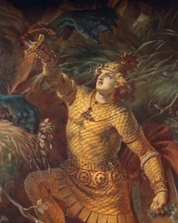 Sigurd killing the dragon Fafnir with the sword Gram, detail, from the Sigurd Saga, Lower Hall, c. 1882-83 (mural)