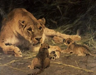 A Lioness and Her Cubs
