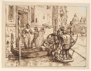 Alighting from a Gondola in Canal Grande in Venice. In the Background Santa Maria delle Salute