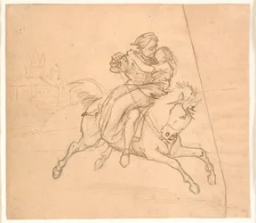 The Abduction. Riding Couple, Castle or Fortress in the Background