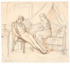 Interior with Melancholic Young Man and a Girl on a Bed