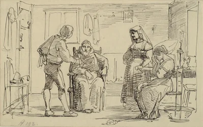 Interior Where a Young Man Explains Something to a Seated Monk, Right a Crying Girl and Old Woman
