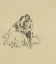 Lovers in national costumes sitting on a tree trunk