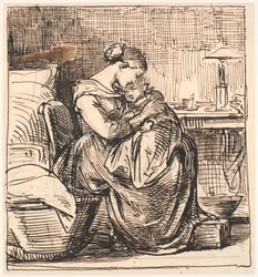 Mother with Sleeping Child on Lap in Bedroom