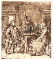 Scene from the Lying-in Room. Corfitz Drinks Rhine Wine with the Officer and Jens Olsen