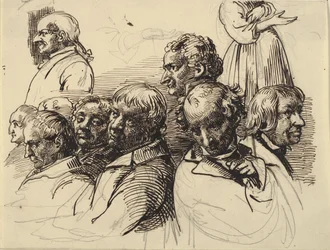 Study Sheet with Eight Male Heads and a Headless Woman