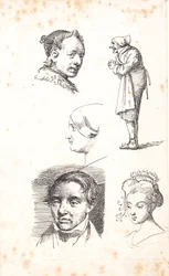 Study Sheet with Two Male Heads, Two Female Heads, and a Standing Man