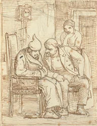Two Men in Conversation, the Old Man on the Left with a Nightcap. Also a Woman