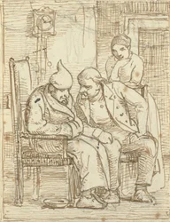 Two Men in Conversation, the Old Man on the Left with a Nightcap. Also a Woman