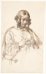 Young Knitting Lady, Half Figure