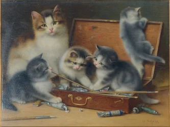 Mother Cat and her Kittens playing in a Paint Box