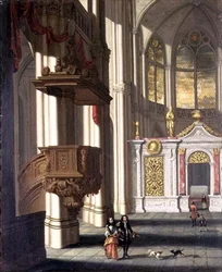 Church interior with elegant figures