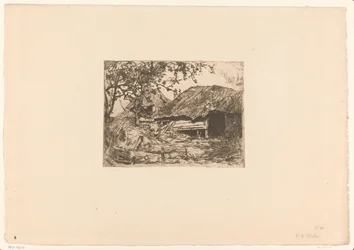 Barns covered with reeds, with a pig in the hay