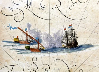 Battle Between Two Galleys and a Caraque. Atlas by Willem Janszoon Blaeu