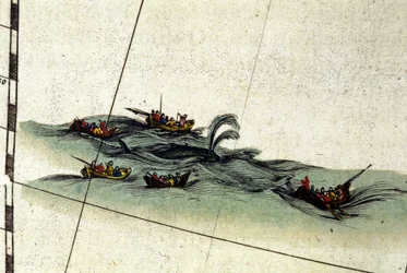 Breton fishermen hunt the whale with the hand harpoon. Detail from William Blaeu