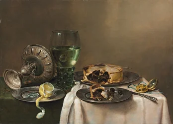 Pronk Still Life, with a Roemer, an Upturned Silver Tazza, a Half-Peeled Lemon on a Pewter Plate, with a Pie, a Timepiece and a Knife, 1631