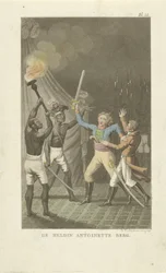 Two figures with swords beside two Black men. The heroine Antoinette Berg (title on object)