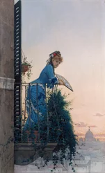 An Elegant Beauty on a Balcony Looking Out Over Rome, with the Dome of St Peter in the Distance