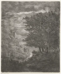 Hilly Landscape with Ruin and Boat on Water by Moonlight