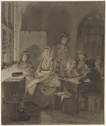 Interior with Group of People Around a Table by Candlelight