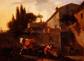 A Shepherd and cattle in the courtyard of an Italian farm