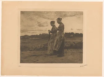 Two Standing Knitters in a Landscape in Ede