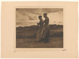 Two Standing Knitters in a Landscape in Ede