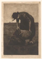 Bent Over Potato Digger with a Basket and Sack